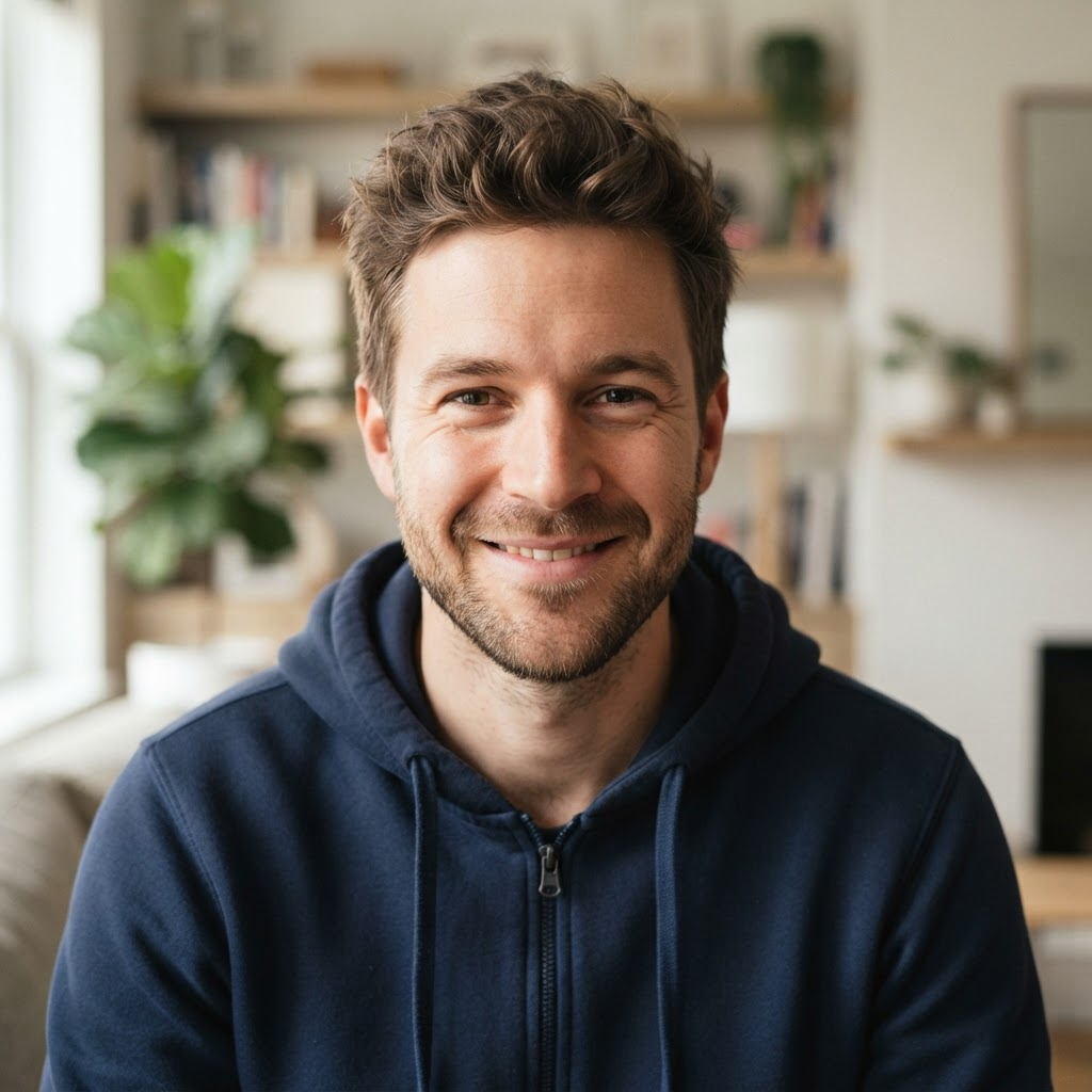 Smiling young man in a navy zip hoodie