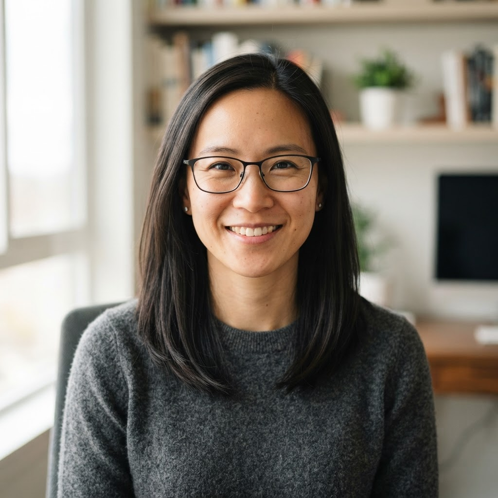 Smiling woman with glasses in a charcoal sweater
