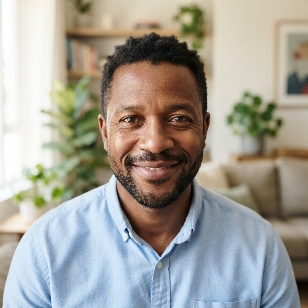 Smiling man with short dark hair in a light blue shirt